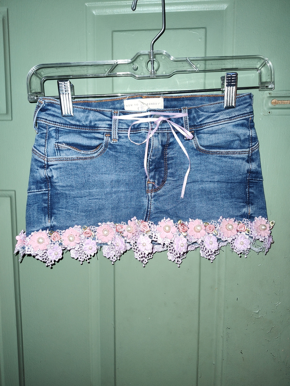 New York Laundry Upcycled Blue Denim Mini Skirt with Pink Floral Lace Hem